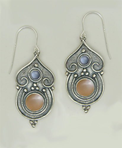 Sterling Silver Gothic Inspired Drop Dangle Earrings With Peach Moonstone And Grey Moonstone